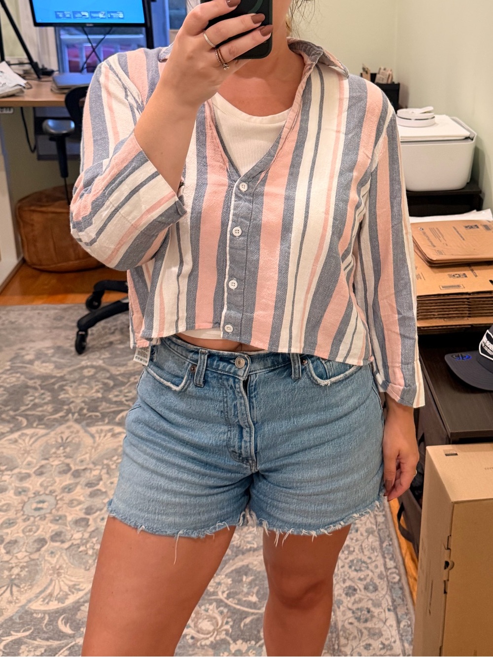 ASOS Pink, Blue & White Striped Cropped Button-Down Shirt